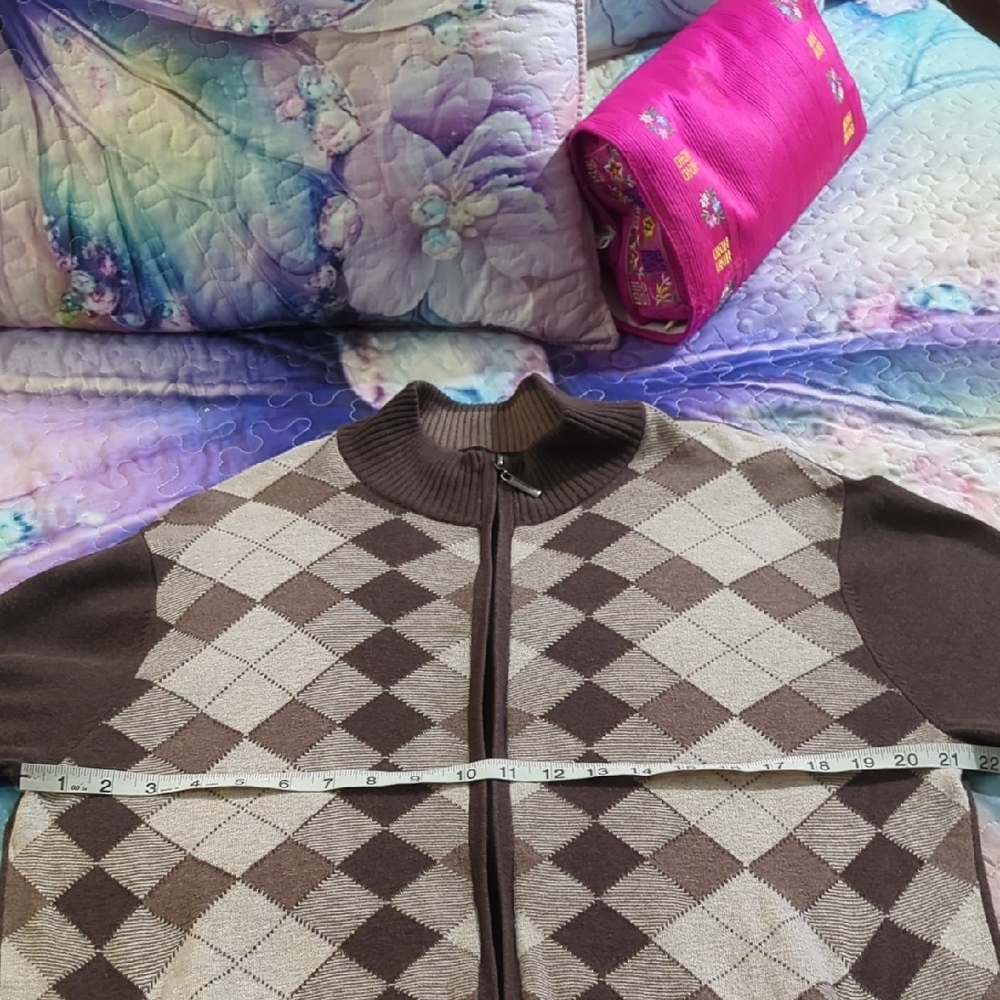 Size L Pierre Cardin Brown Argyle Zip-Front Men's Sweater - Picture 8 of 16